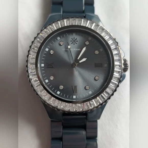 Isaac Mizrahi Live! Baguette Crystal Bezel Ceramic Link Watch - Picture 5 of 11